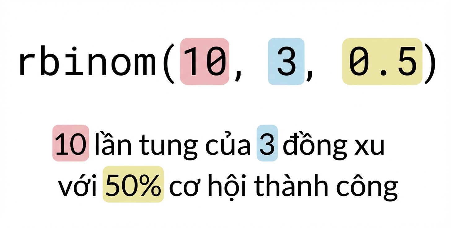 rbinom(10, 3, 0.5) với 10 màu đỏ, 3 màu xanh, 0.5 màu vàng. Văn bản: 10 (đỏ) lượt gieo 3 (xanh) đồng xu với xác suất thành công 50% (vàng)