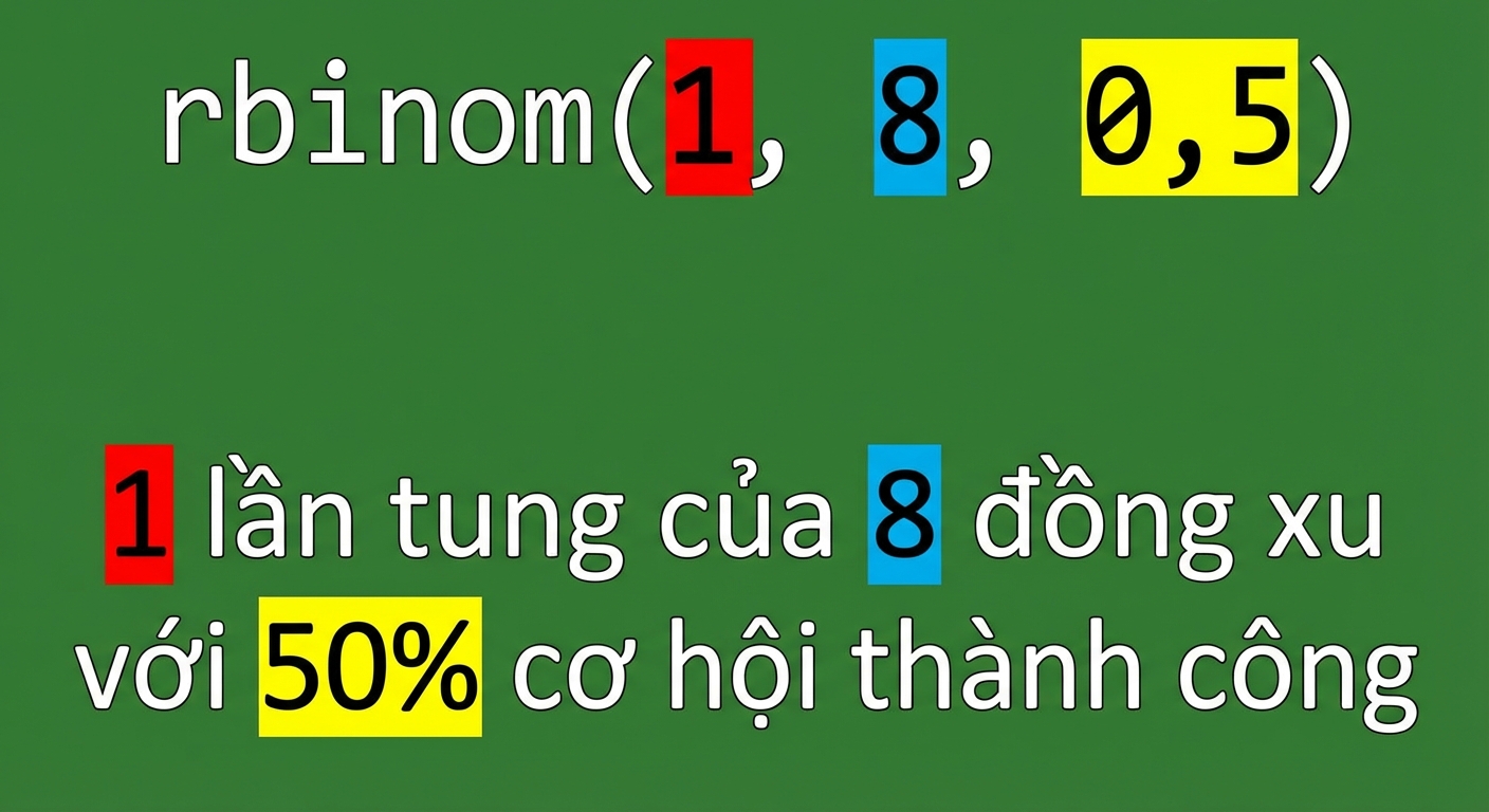 rbinom(1, 8, 0.5) với 1 màu đỏ, 8 màu xanh, 0.5 màu vàng. Văn bản: 1 (đỏ) lần gieo của 8 (xanh) đồng xu với xác suất thành công 50% (vàng)
