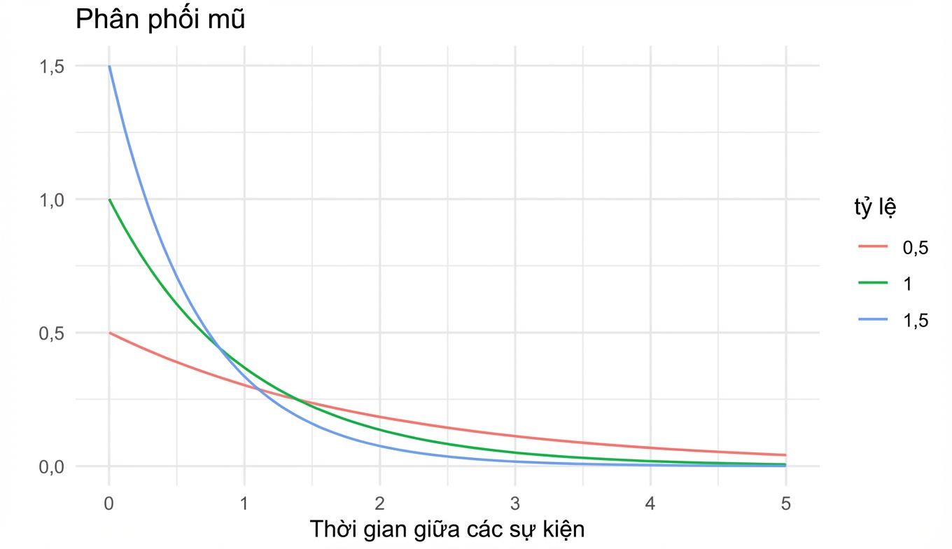 3 Exponential distributions with lambda = 0.5, lambda = 1, and lambda = 1.5