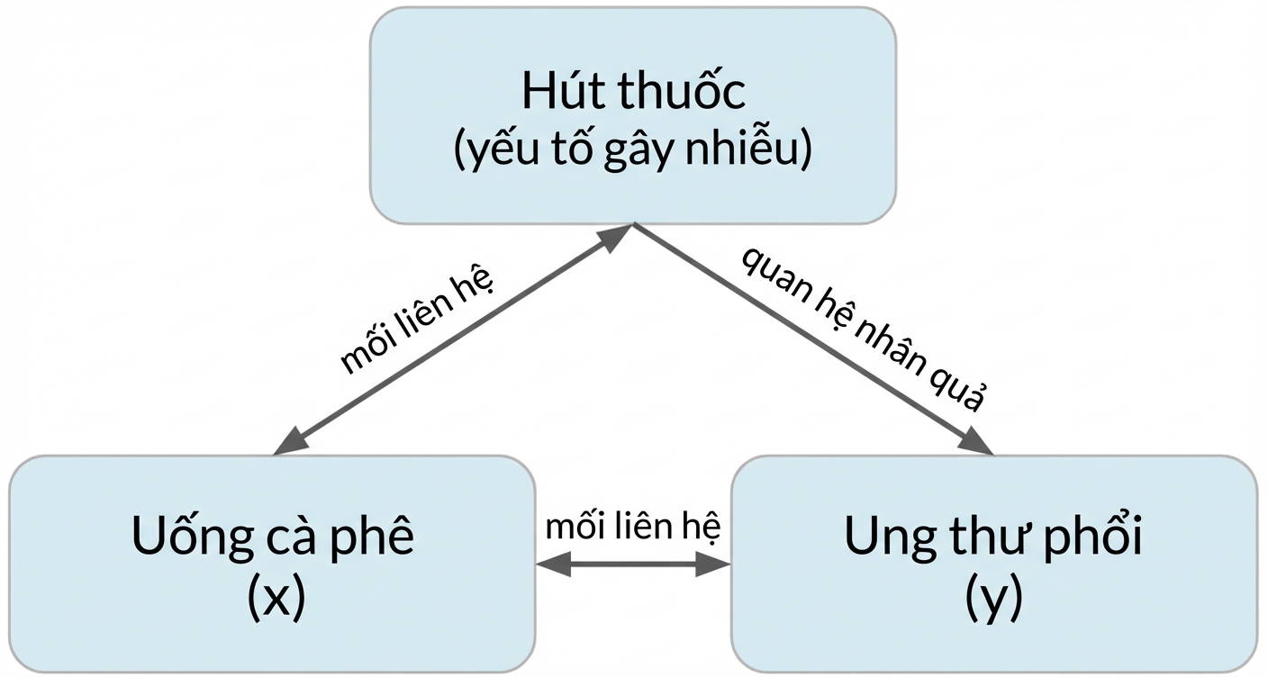 Uống cà phê (x) với mũi tên hai chiều đến ung thư phổi (y) nhãn "association". Mũi tên hai chiều giữa hút thuốc và uống cà phê, nhãn "association". Mũi tên từ hút thuốc đến ung thư phổi, nhãn "causation".