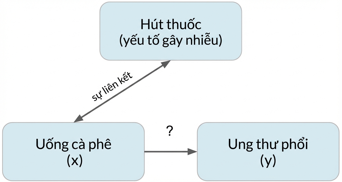 Uống cà phê (x) trỏ đến ung thư phổi (y) với hút thuốc (biến nhiễu). Mũi tên hai chiều giữa hút thuốc và uống cà phê, nhãn "association".