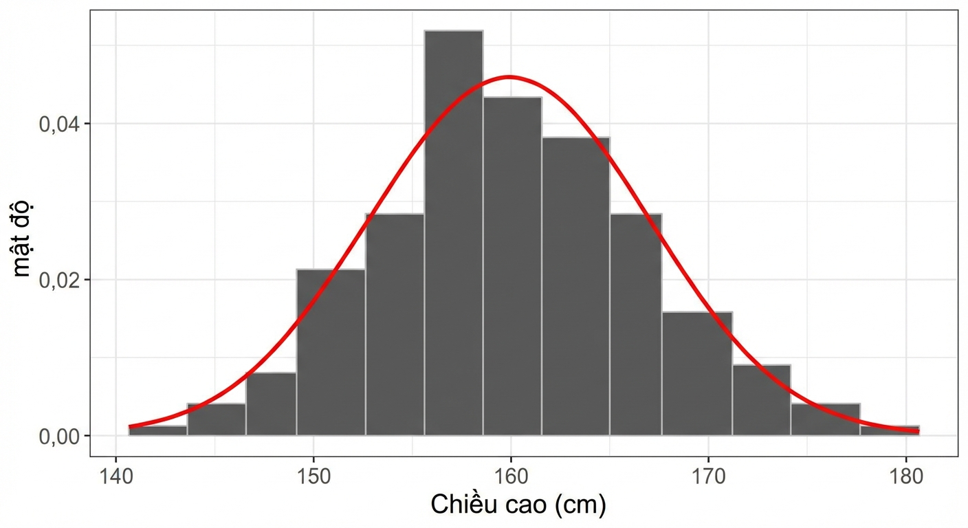 Đường cong chuẩn phủ lên histogram chiều cao nữ