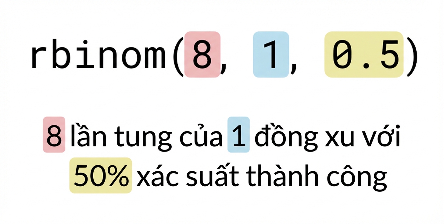rbinom(8, 1, 0.5) với 8 màu đỏ, 1 màu xanh, 0.5 màu vàng. Văn bản: 8 (đỏ) lượt gieo 1 (xanh) đồng xu với xác suất thành công 50% (vàng)