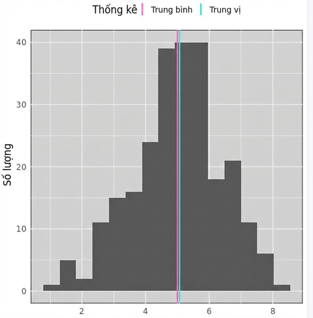 Biểu đồ histogram dạng chuông, với đường màu xanh và đỏ gần nhau ở trung tâm dữ liệu. Đỏ là trung bình, xanh là trung vị.