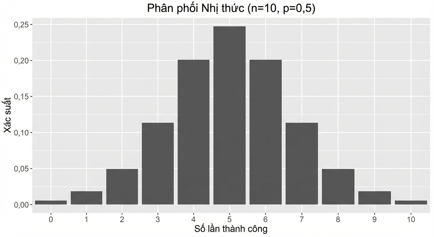 Biểu đồ phân phối nhị thức với n=10, p = 0.5