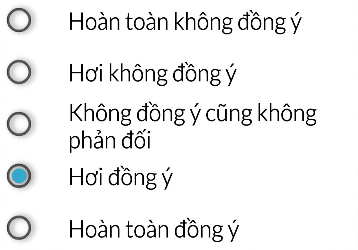 hoàn toàn không đồng ý/hơi không đồng ý/không đồng ý cũng không đồng ý/hơi đồng ý/hoàn toàn đồng ý