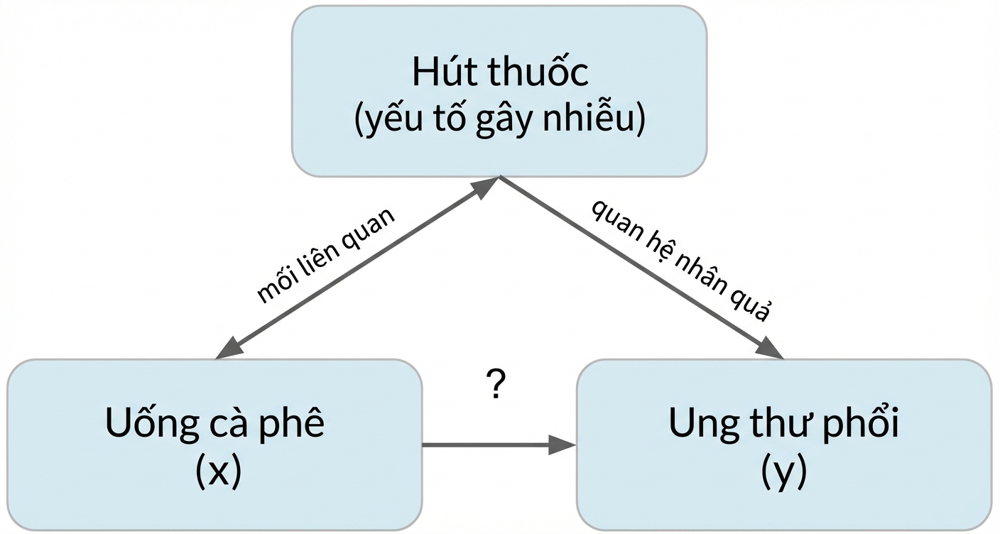 Uống cà phê (x) trỏ đến ung thư phổi (y) với hút thuốc (biến nhiễu). Mũi tên hai chiều giữa hút thuốc và uống cà phê, nhãn "association". Mũi tên từ hút thuốc đến ung thư phổi, nhãn "causation"