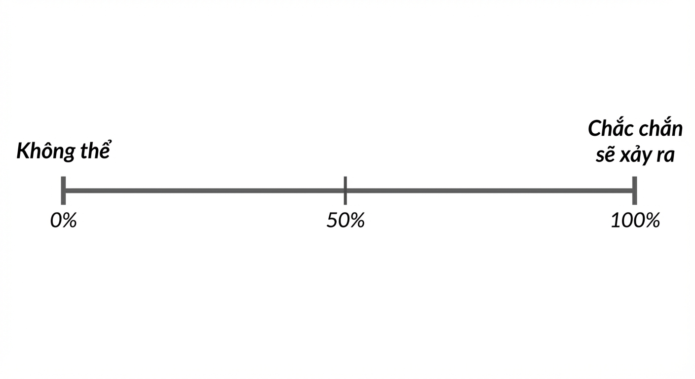 Trục số xác suất. 0% = không thể, 100% = chắc chắn xảy ra