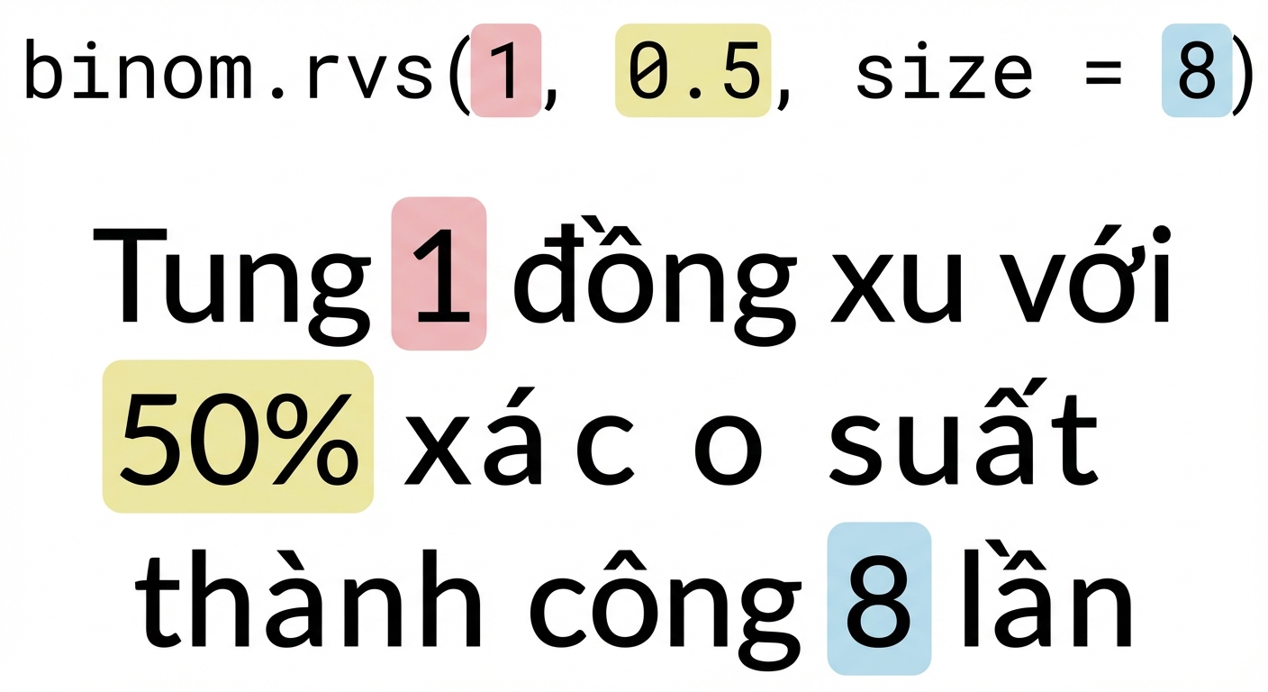 binom.rvs(1, 0.5, 8) với 1 màu đỏ, 0.5 màu vàng, 8 màu xanh. Văn bản: Tung 1 (màu đỏ) đồng xu với xác suất thành công 50% (màu vàng) trong 8 (màu xanh) lượt