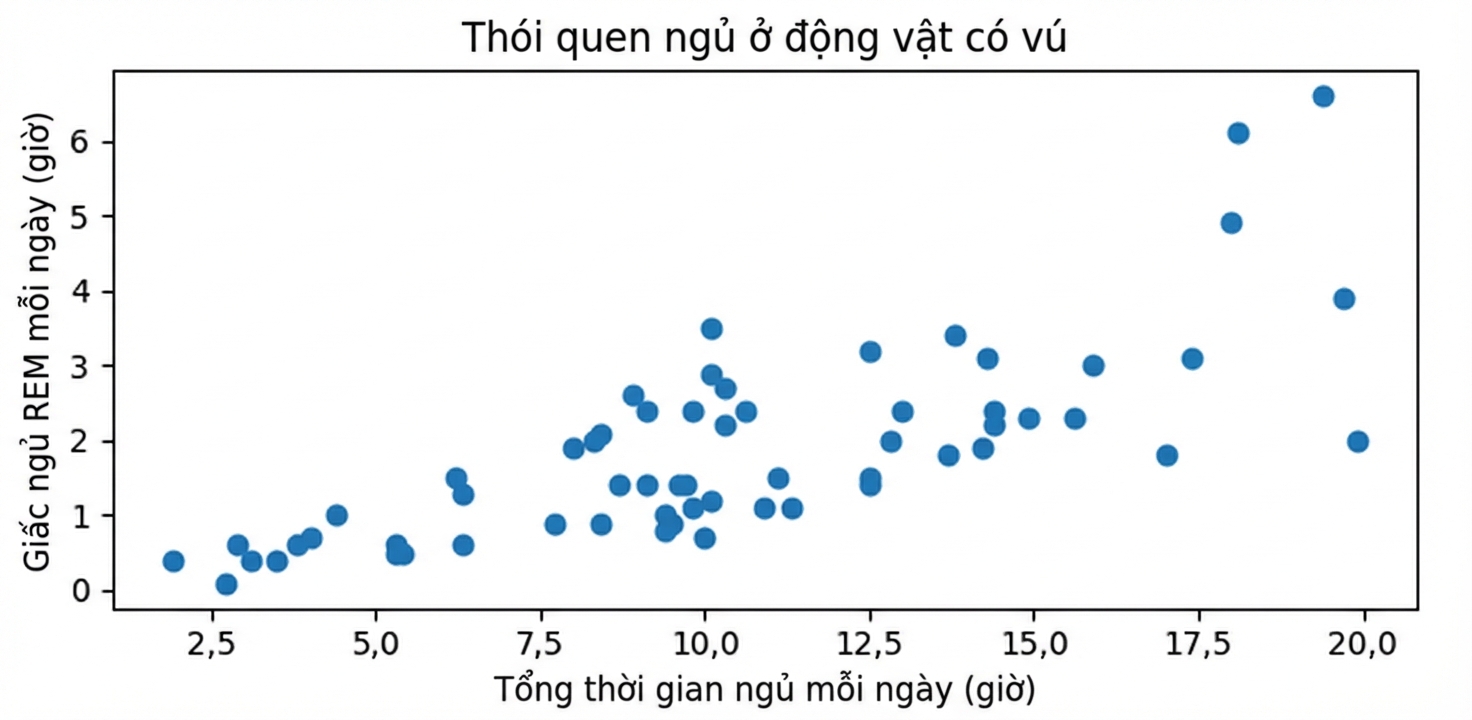 Biểu đồ phân tán thói quen ngủ của động vật có vú, tổng giờ ngủ/ngày so với REM/ngày