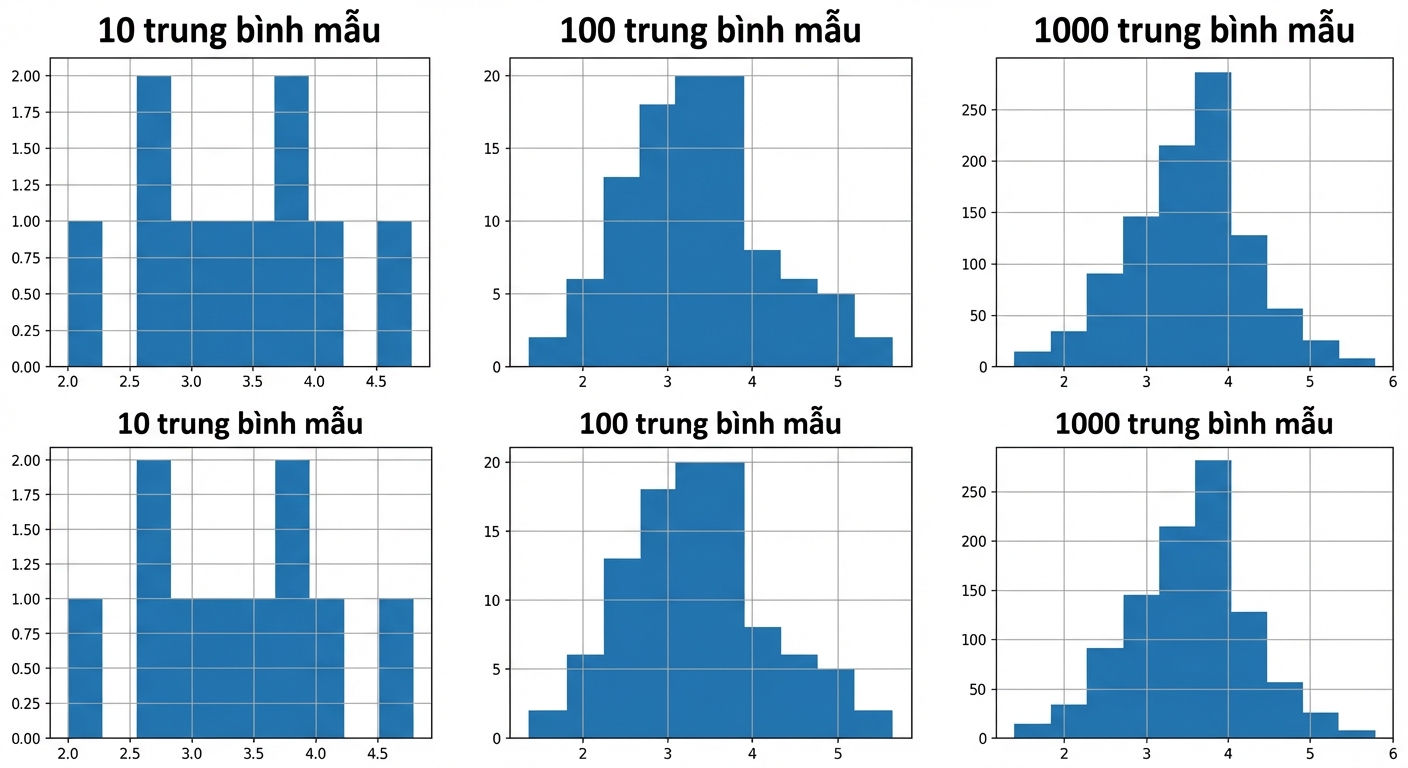 biểu đồ tần suất của 10, 100 và 1000 giá trị trung bình mẫu; số lượng mẫu lớn hơn có dạng chuông rõ hơn