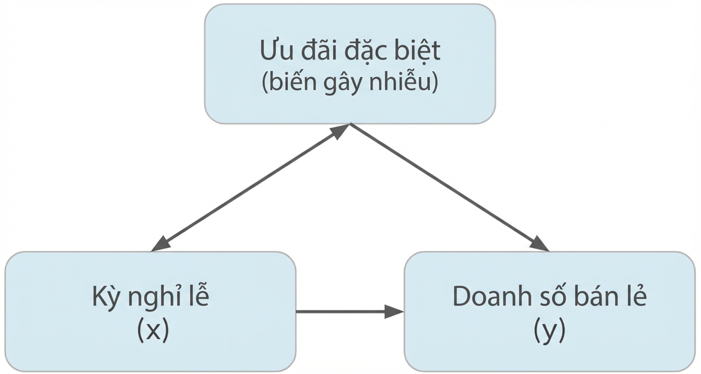 Kỳ nghỉ (x) trỏ tới doanh số bán lẻ (y). Khuyến mãi (yếu tố gây nhiễu) có mũi tên hai chiều với kỳ nghỉ và mũi tên một chiều tới doanh số.