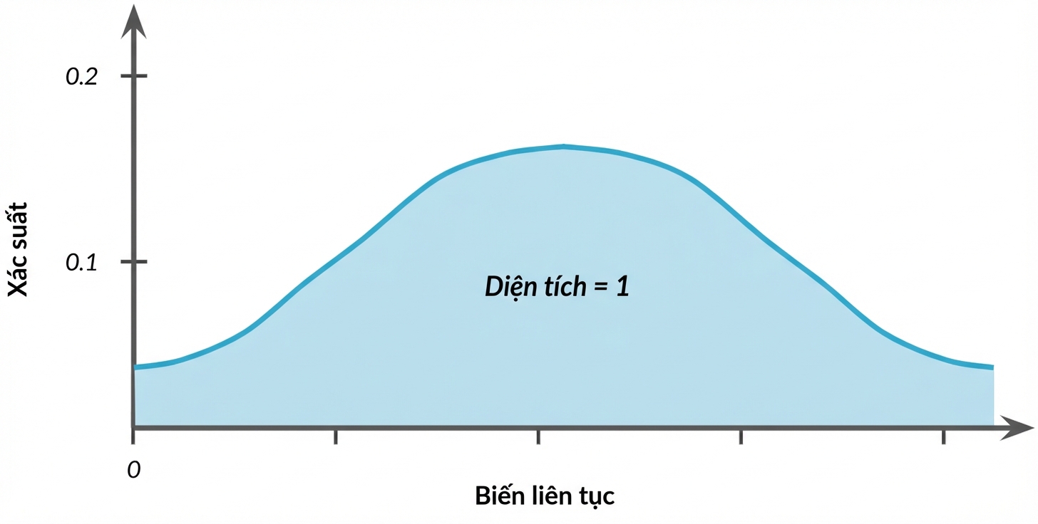 Vùng tô dưới đường cong hình chuông với chữ: diện tích = 1