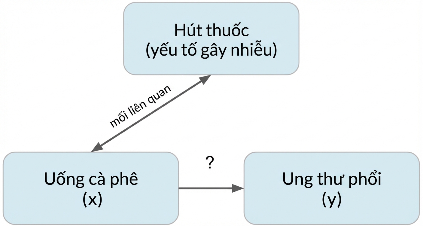 Uống cà phê (x) trỏ tới ung thư phổi (y) với hút thuốc (yếu tố gây nhiễu). Mũi tên hai chiều giữa hút thuốc và uống cà phê, ghi "liên hệ"