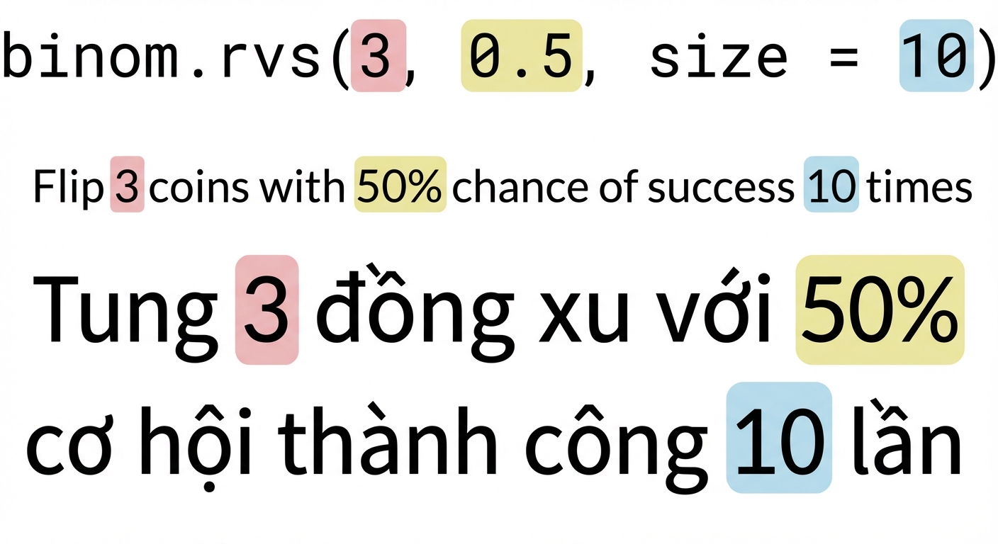 binom.rvs(3, 0.5, size=10) với 3 màu đỏ, 0.5 màu vàng, 10 màu xanh. Văn bản: Tung 3 (màu đỏ) đồng xu với xác suất thành công 50% (màu vàng) trong 10 (màu xanh) lần