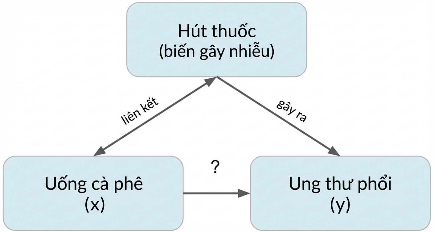 Uống cà phê (x) trỏ tới ung thư phổi (y) với hút thuốc (yếu tố gây nhiễu). Mũi tên hai chiều giữa hút thuốc và uống cà phê ghi "liên hệ". Mũi tên từ hút thuốc đến ung thư phổi ghi "nhân quả"
