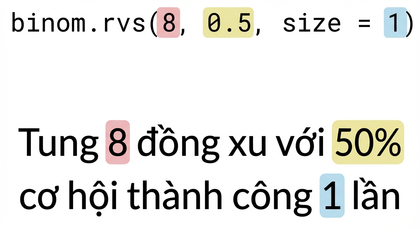 binom.rvs(8, 0.5, size=1) với 8 màu đỏ, 0.5 màu vàng, 1 màu xanh. Văn bản: Tung 8 (màu đỏ) đồng xu với xác suất thành công 50% (màu vàng) trong 1 (màu xanh) lượt