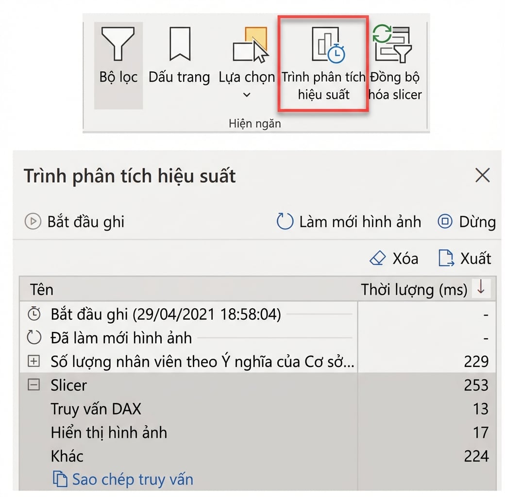 Ảnh chụp màn hình Trình phân tích hiệu năng trong Power BI
