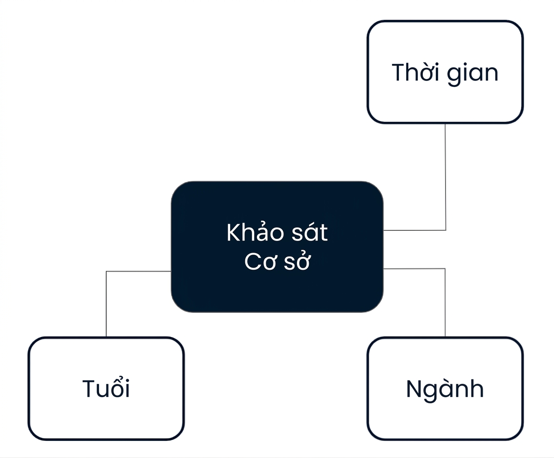 Sơ đồ lược đồ hình sao với fact Khảo sát Cơ sở được bao quanh bởi các chiều Age, Industry và Time