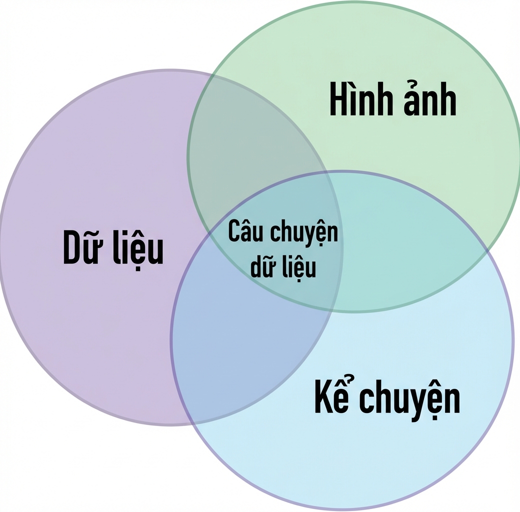 sơ đồ venn với các từ dữ liệu, câu chuyện và trực quan