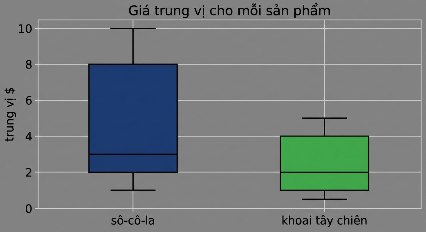 biểu đồ hộp hiển thị giá trung vị cho hai sản phẩm
