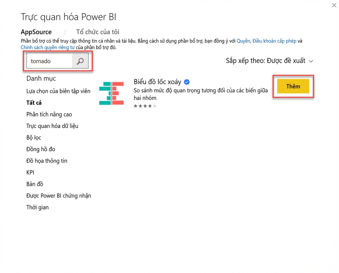 Thêm biểu đồ tornado vào Power BI qua Microsoft AppSource