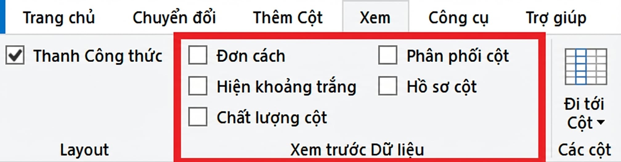 Ảnh chụp màn hình Power Query với dải lệnh View được chọn và làm nổi bật các tính năng xem trước dữ liệu
