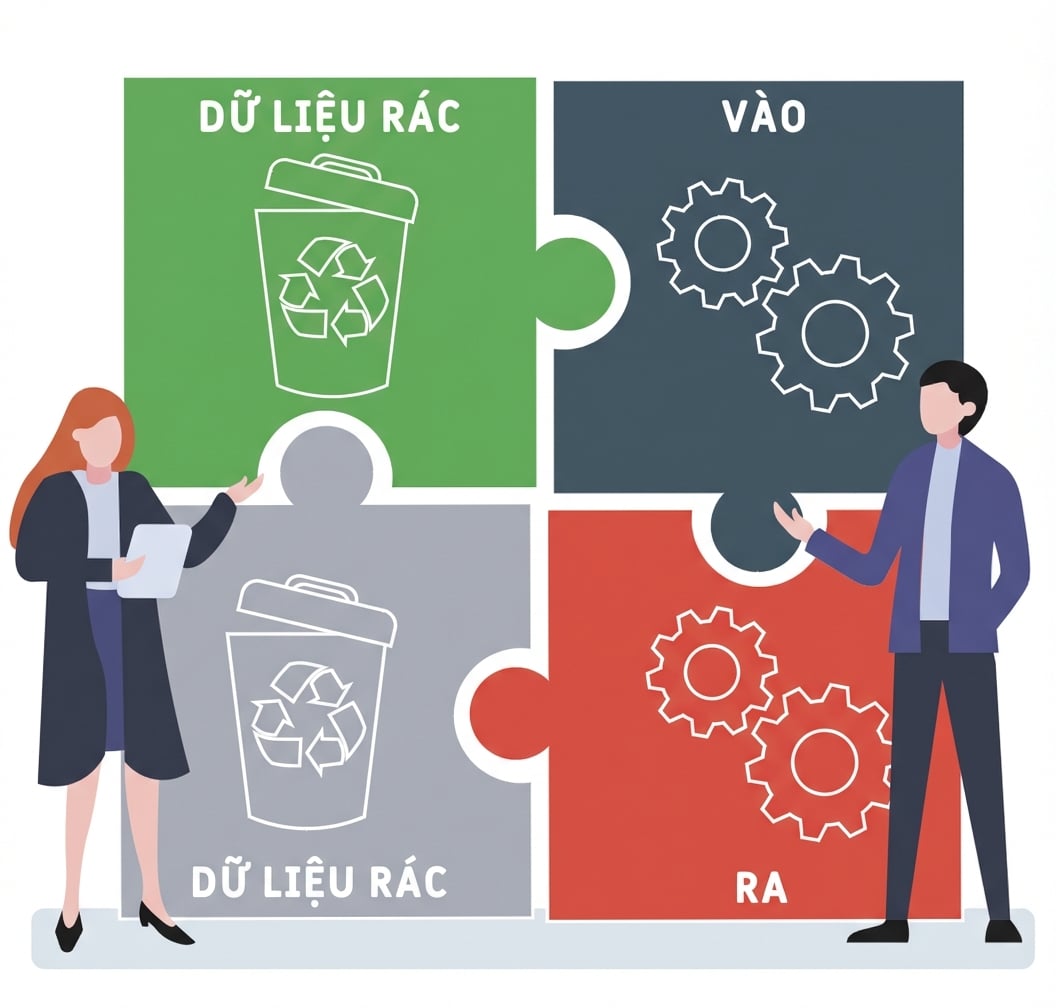 Minh họa cho thấy "dữ liệu rác" được dùng và tạo ra "dữ liệu rác" trong mọi phân tích, dẫn đến có nhiều câu hỏi hơn câu trả lời về dữ liệu.