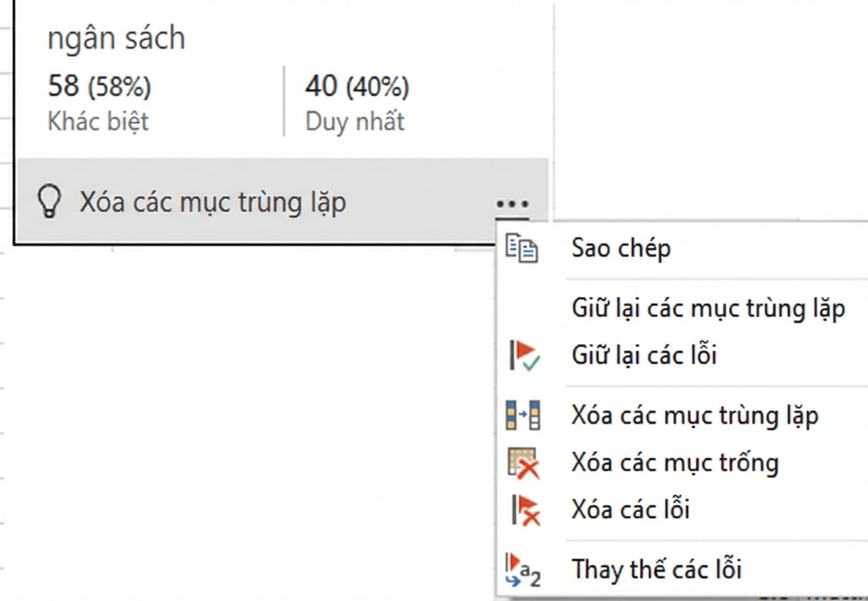 Ảnh chụp màn hình menu ngữ cảnh xuất hiện sau khi di chuột lên tính năng chất lượng cột