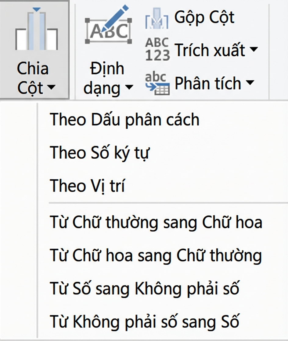 Ảnh chụp Power Query hiển thị phép biến đổi Split Column và các tùy chọn