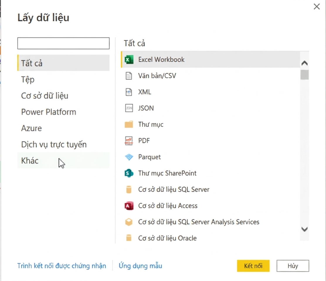 Menu Get Data trong Power BI Desktop