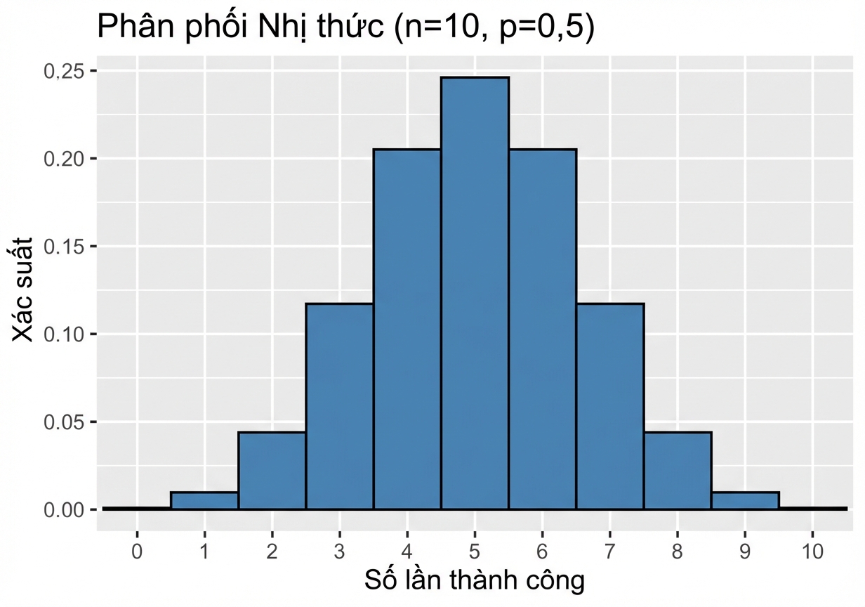Biểu đồ phân phối nhị thức với n=10, p=0.5.png