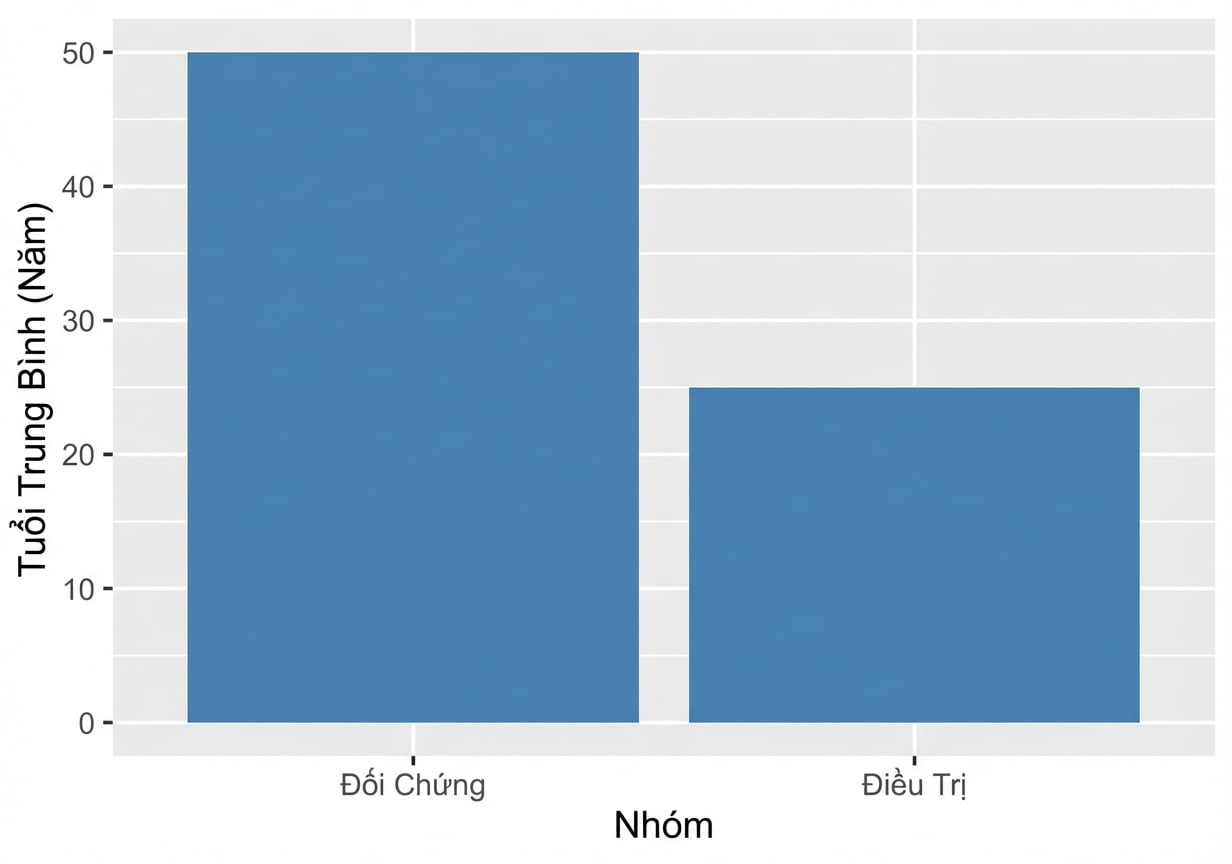 Biểu đồ cột: tuổi trung bình nhóm điều trị 50, nhóm đối chứng 25