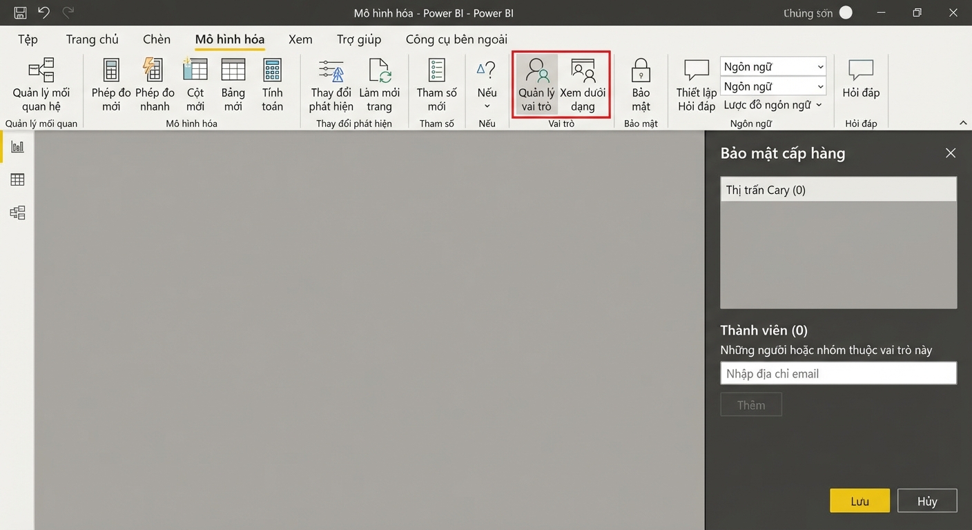 Power BI Desktop cho phép định nghĩa vai trò trong bảo mật cấp hàng và Power BI Service cho phép gán người dùng/nhóm vào vai trò.