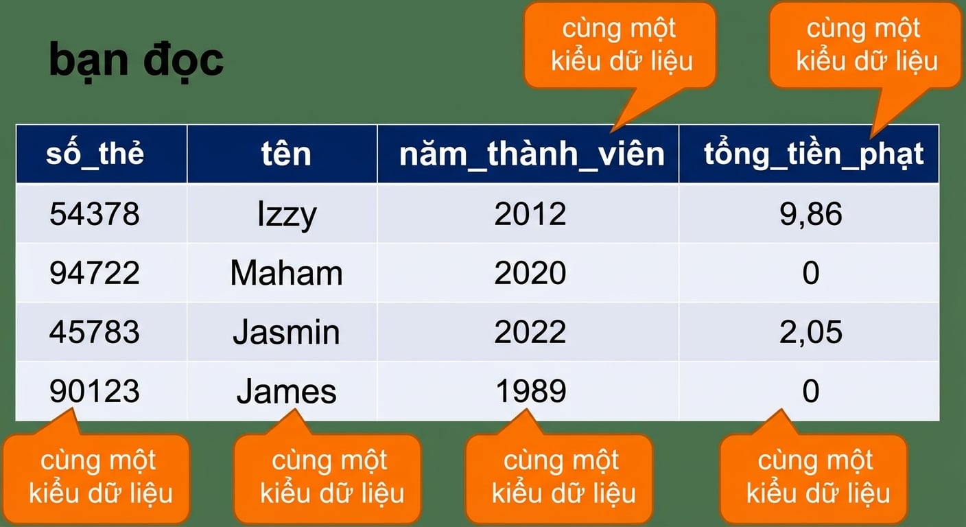 Bảng dữ liệu bạn đọc trong đó các trường được đánh dấu và chú thích loại dữ liệu mà trường đại diện.