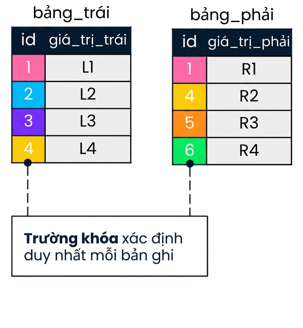 Sơ đồ hiển thị hai bảng: bảng trái và bảng phải. Các giá trị id khớp nhau giữa hai bảng được tô cùng màu.