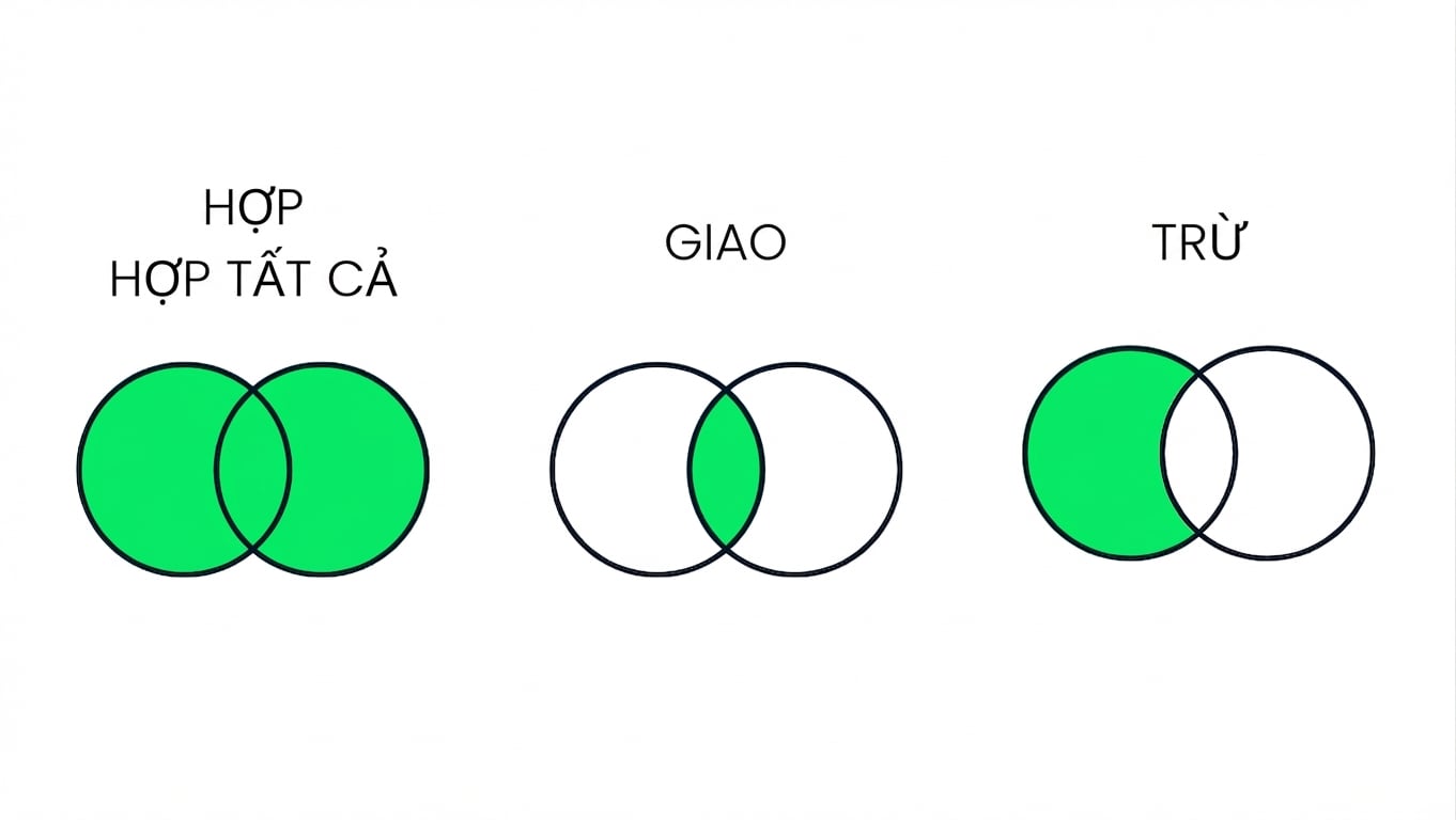 Hình gồm ba biểu đồ Venn: UNION, INTERSECT và EXCEPT. UNION có hai hình tròn giao nhau, tô xanh toàn bộ. INTERSECT có hai hình tròn giao nhau, chỉ phần giao tô xanh. EXCEPT chỉ tô xanh phần bên trái không trùng với bên phải.