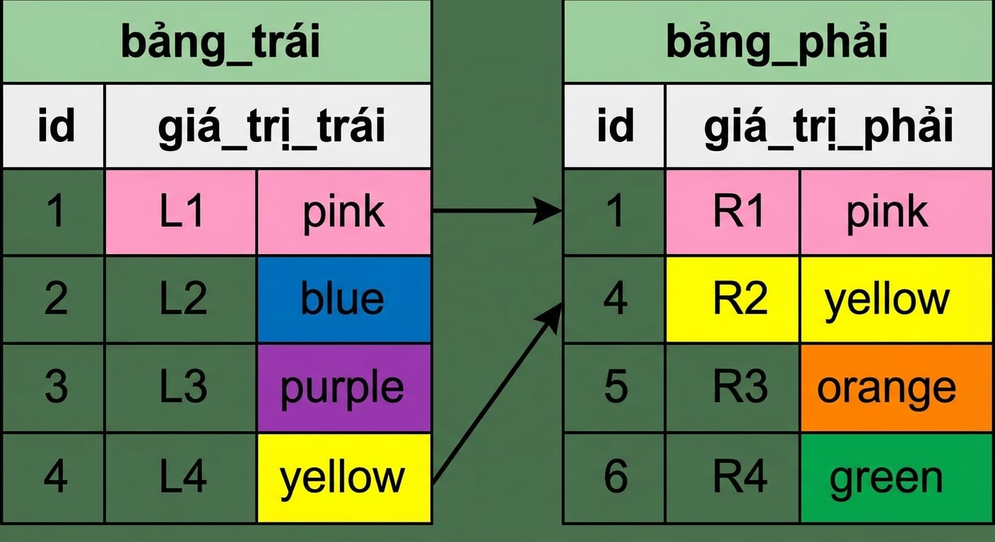 Sơ đồ hai bảng, bảng trái và bảng phải, với mũi tên chỉ các bản ghi khớp theo cột id ở cả hai bảng. Các bản ghi không liên quan đến full join được làm mờ.