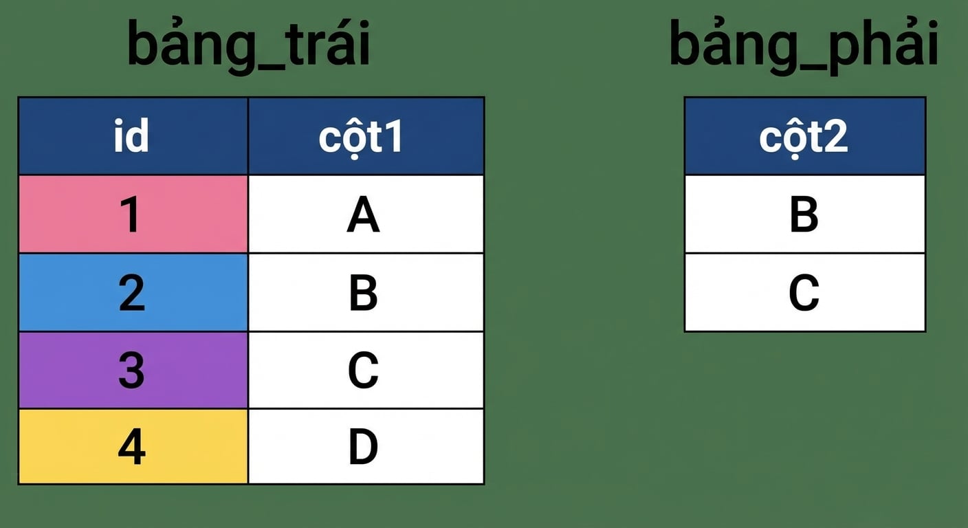 Sơ đồ hai bảng, left_table và right_table, dùng để minh họa semi join. left_table có hai cột id và col1. right_table chỉ có cột col2.