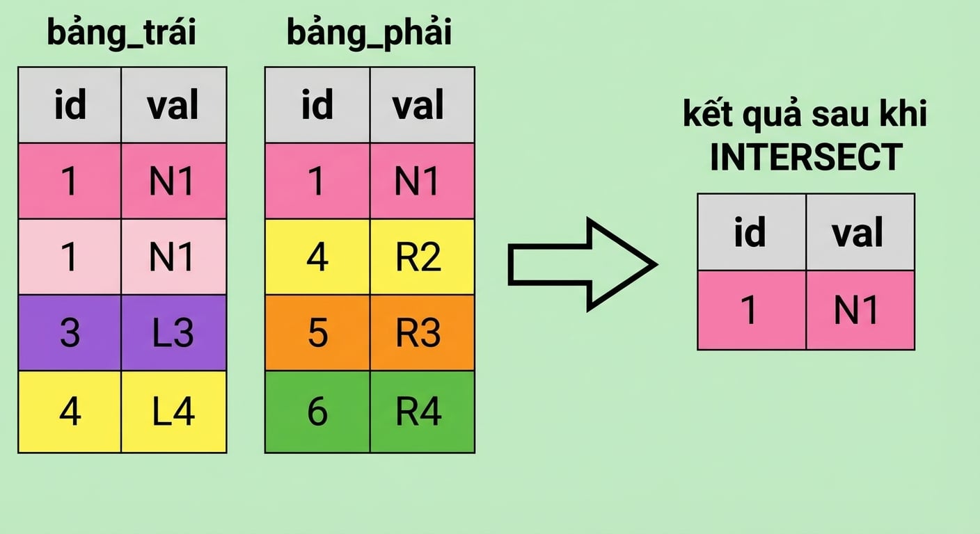 Sơ đồ với hai bảng trái và phải. Ở bên phải, có minh họa kết quả khi thực hiện phép INTERSECT trên hai bảng.