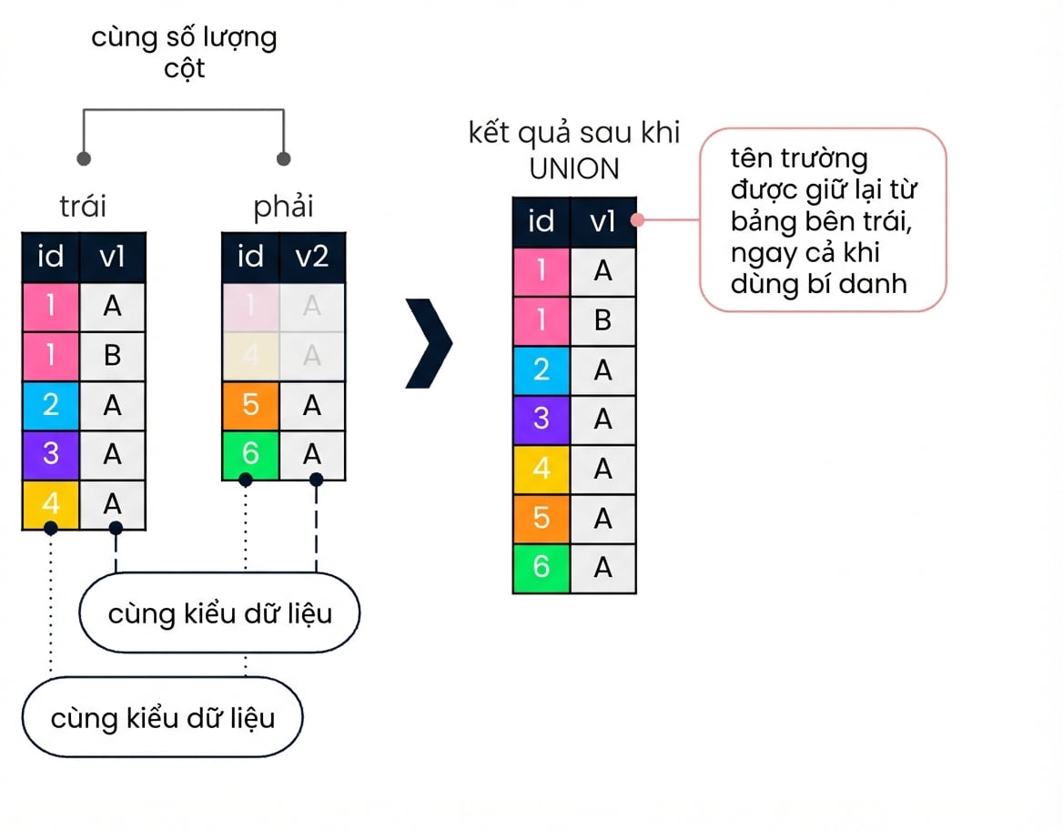 Sơ đồ hai bảng, trái và phải. Bên phải minh họa kết quả khi thực hiện UNION trên hai bảng. Mũi tên chỉ ra hai bảng phải có cùng số cột và kiểu dữ liệu. Ở bên phải, tập kết quả hiển thị cho thấy tên trường giữ từ bảng bên phải, kể cả khi có bí danh.