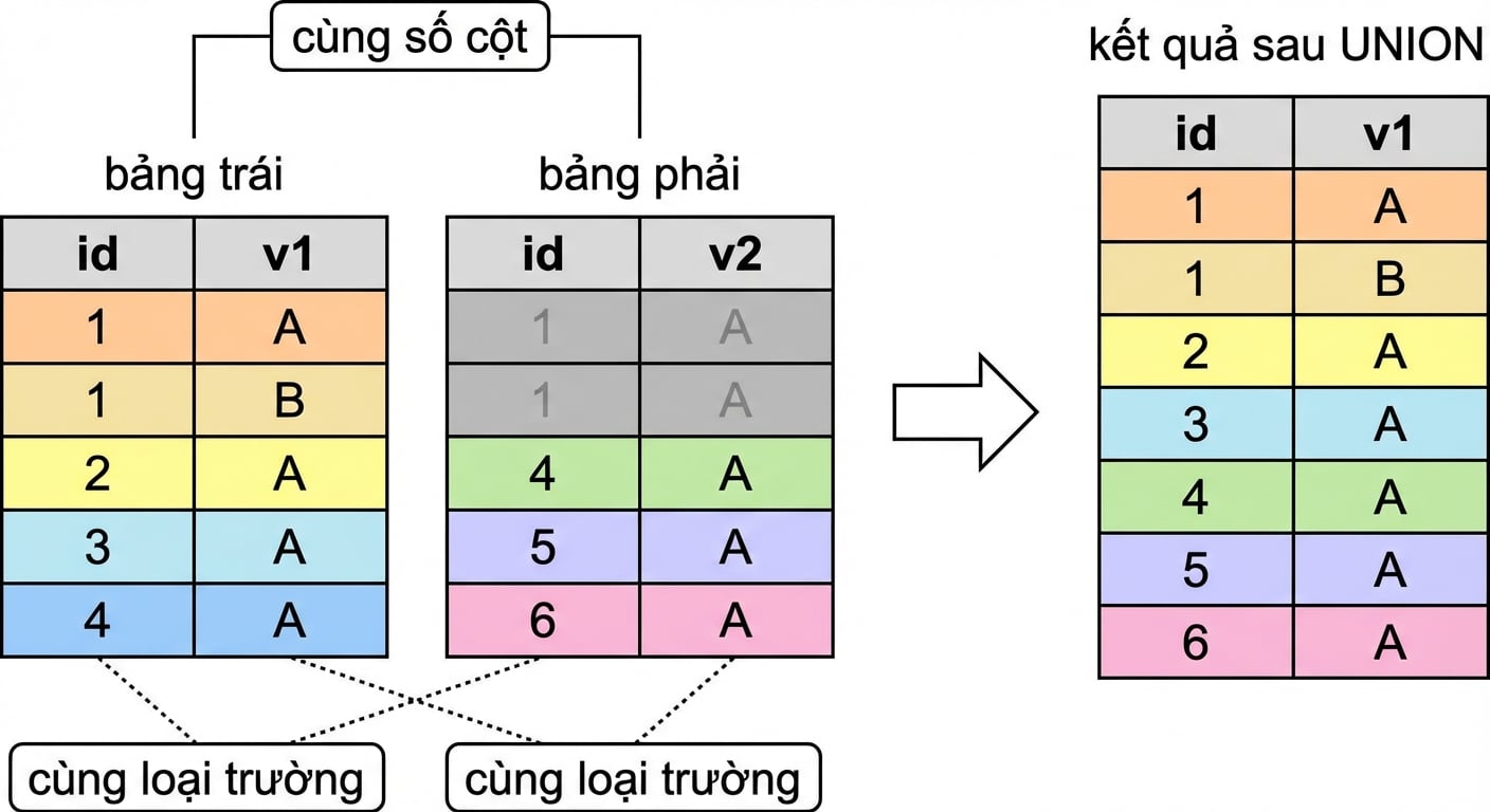 Sơ đồ hai bảng, trái và phải. Bên phải minh họa kết quả khi thực hiện UNION trên hai bảng. Mũi tên chỉ ra hai bảng phải có cùng số cột và cùng kiểu dữ liệu.
