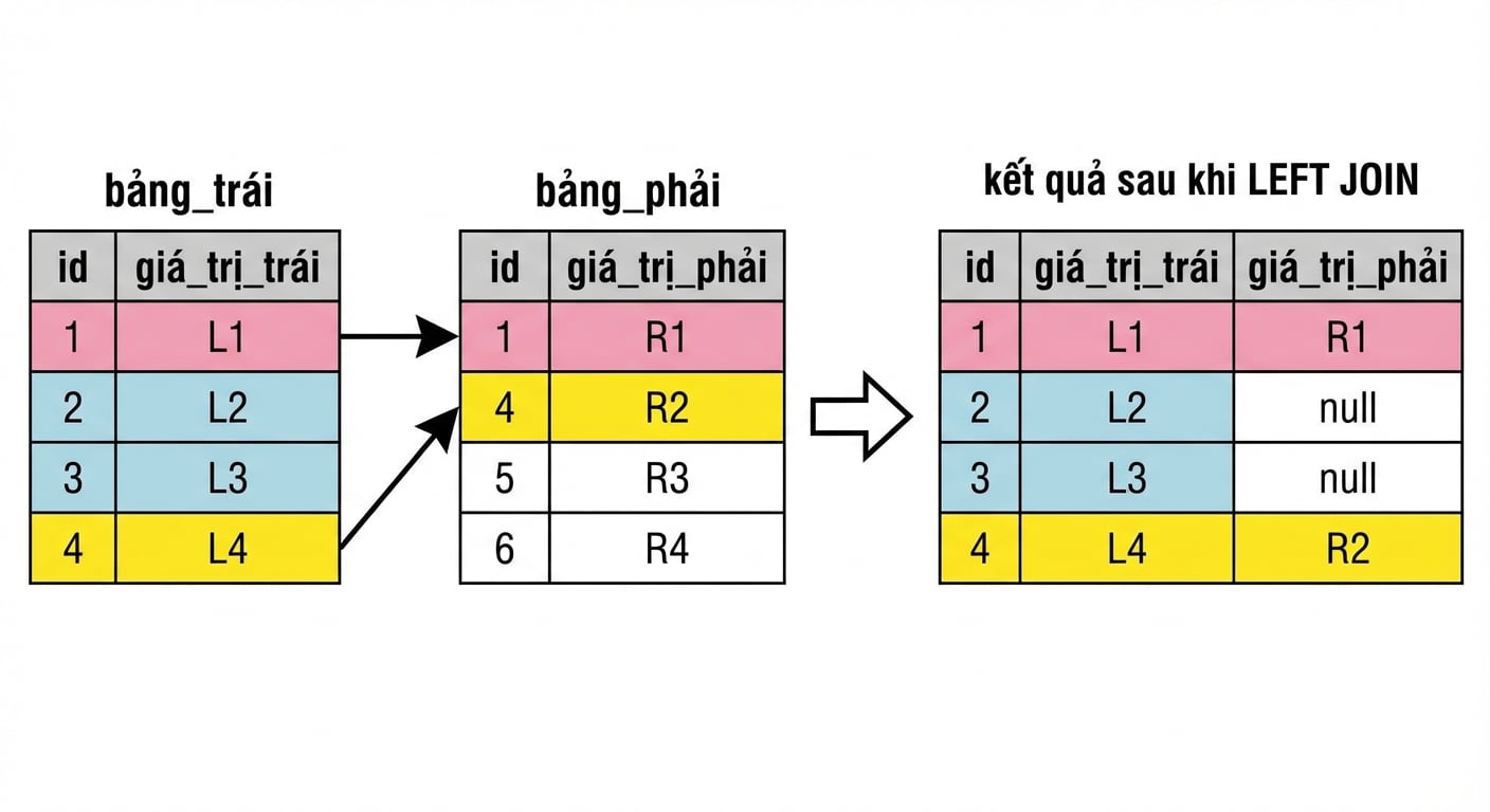 Sơ đồ hiển thị hai bảng, bảng trái và bảng phải, cùng tập kết quả sau khi thực hiện left join trên các bảng này. Các bản ghi không liên quan đến left join được làm mờ.