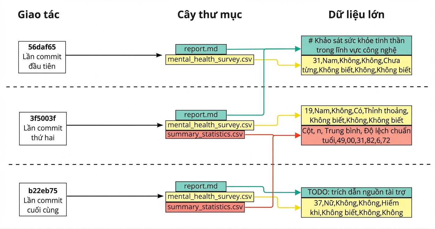 Sơ đồ ba commit, các tệp đã commit hiển thị trong tree, và mỗi tệp liên kết tới blob của commit cuối chứa nó