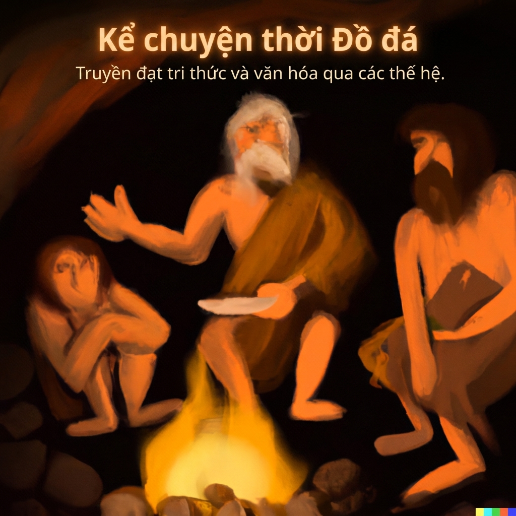 Người thời đồ đá quây quần bên lửa kể chuyện