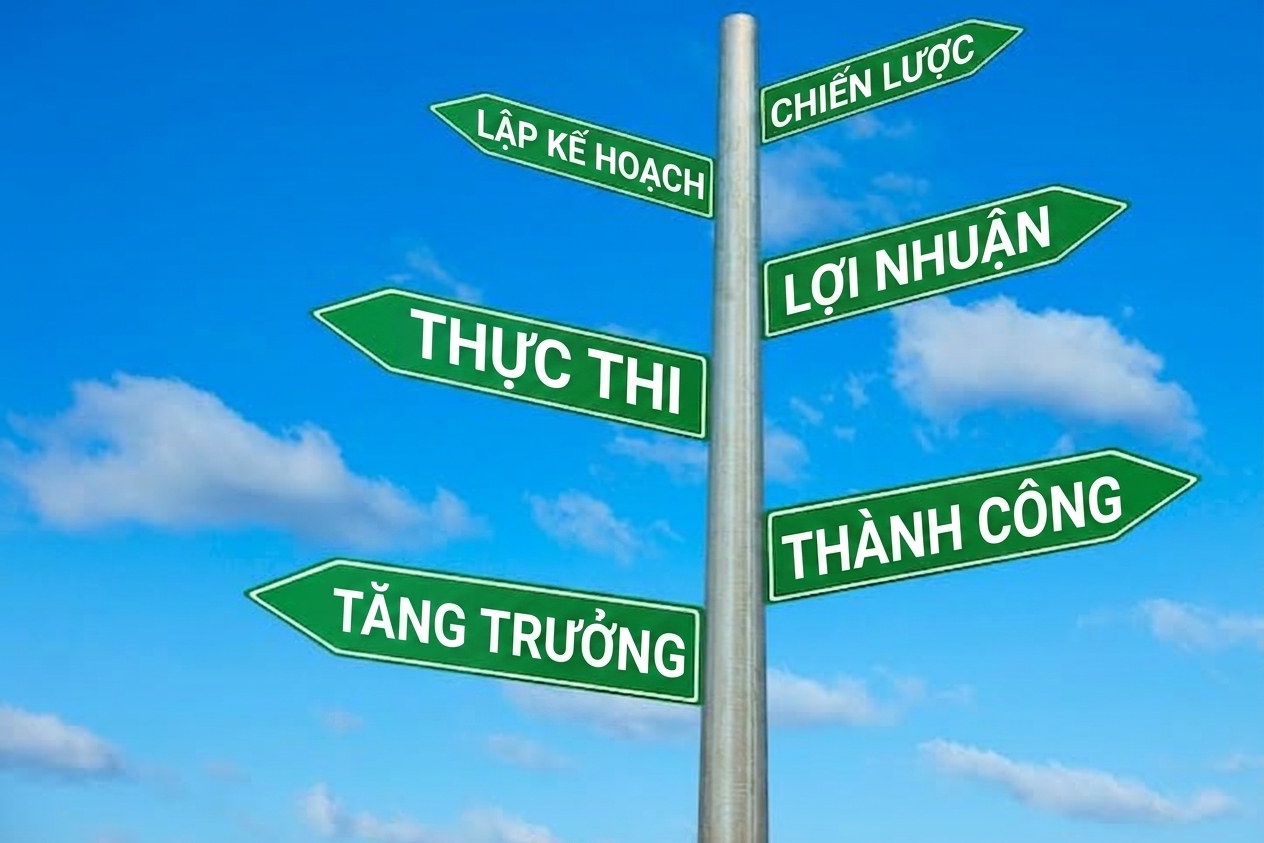 Biển hiệu ghi planning, strategy, execution, profits, growth, success