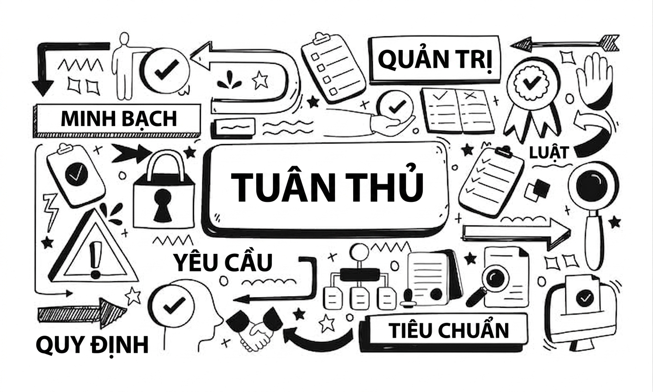 Hình ảnh chữ compliance được bao quanh bởi các vật và từ như governance, requirements, regulations