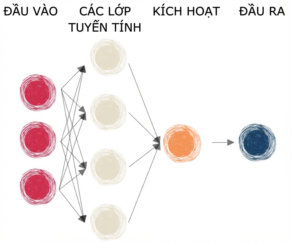 Sơ đồ mạng nơ-ron với các lớp tuyến tính và hàm kích hoạt