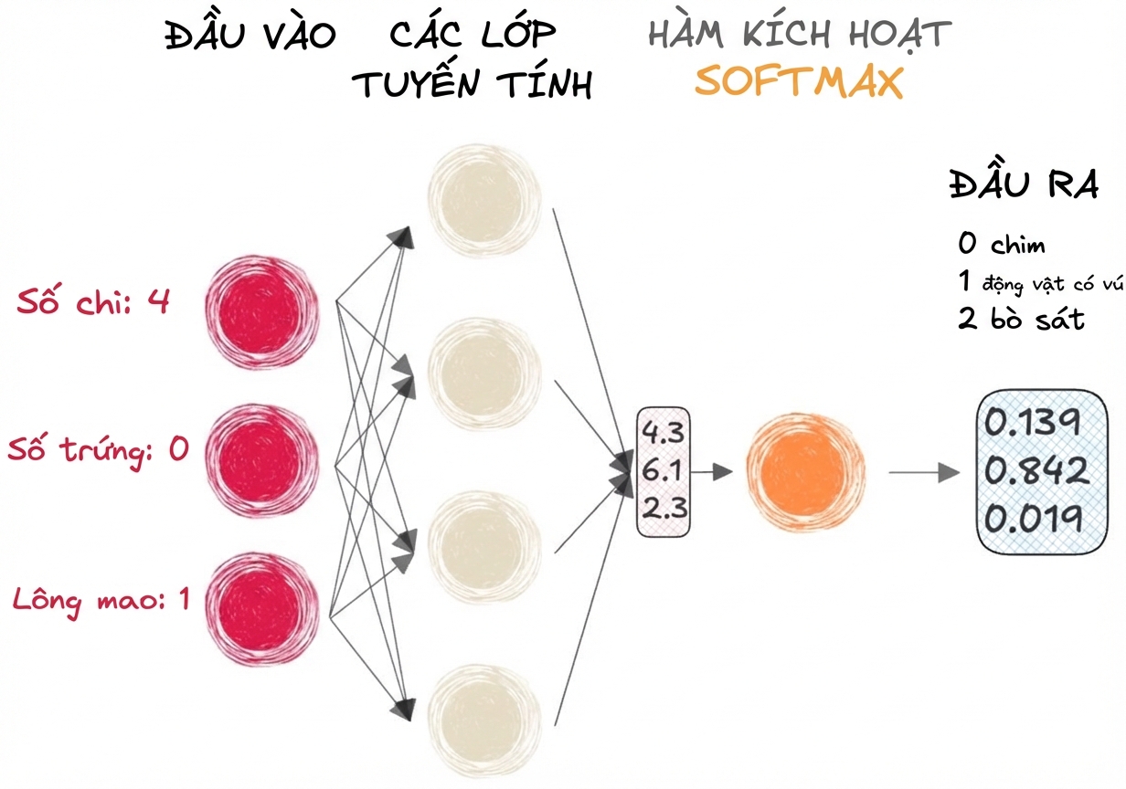 Sơ đồ một phần mạng nơ-ron với đầu vào, một vector là đầu ra của các lớp tuyến tính, hàm softmax, và đầu ra