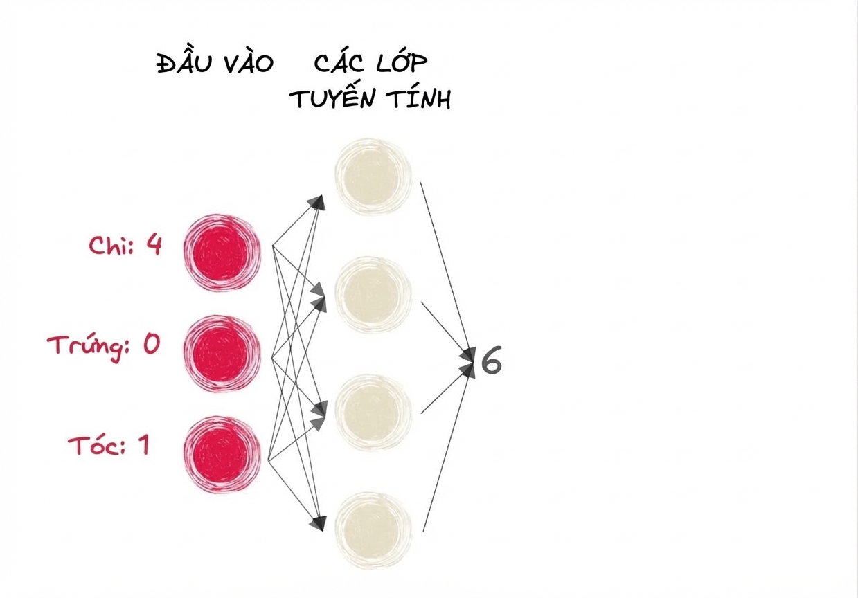 Sơ đồ một phần mạng nơ-ron với đầu vào và số 6 là đầu ra của các lớp tuyến tính